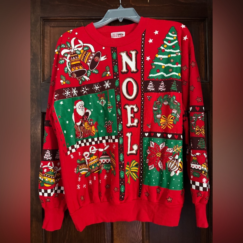 Vintage Nutcracker Ugly Christmas Sweater Sweatshirt Noel Red Glitter Sz L